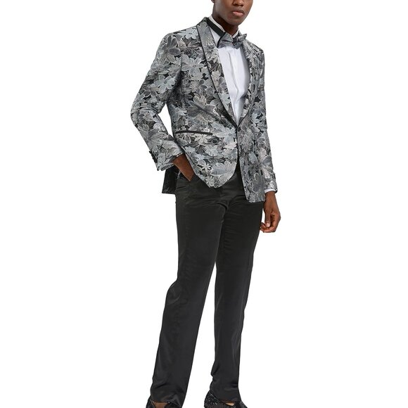 Silver Floral Print Shawl Lapel Men's Jacket